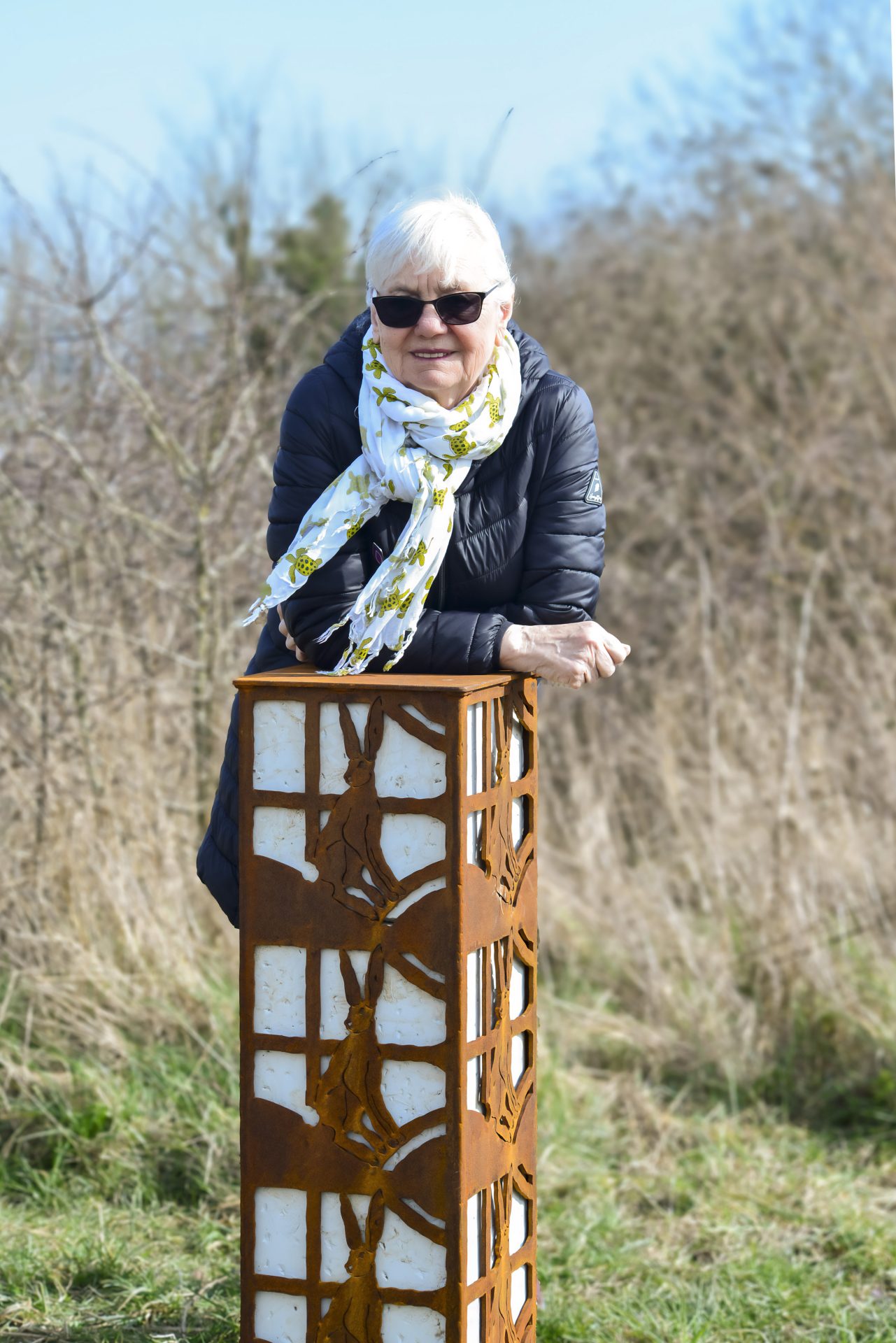 Cllr Lesely Waller by the Hare Pillar